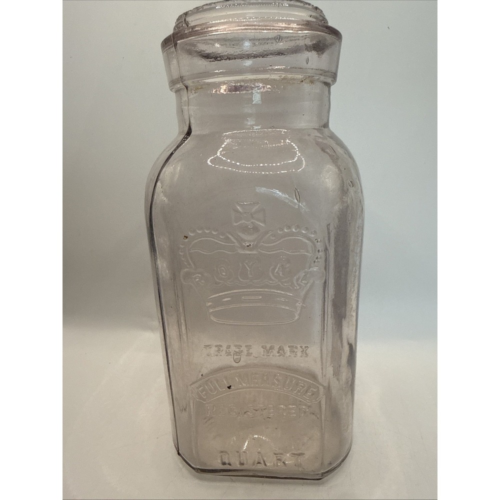 Vtg ROYAL Trade Mark Full Measure Smalley Crown Quart Square Canning Jar W/o Lid